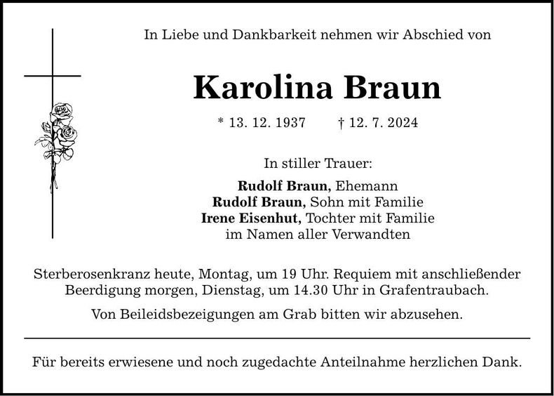 Traueranzeige Karolina Braun