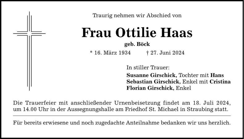Traueranzeige Ottilie Haas