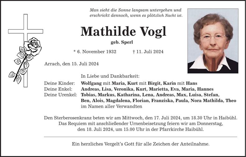 Traueranzeige Mathilde Vogl