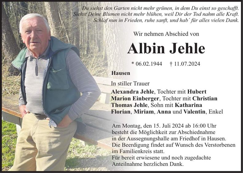 Traueranzeige Albin Jehle