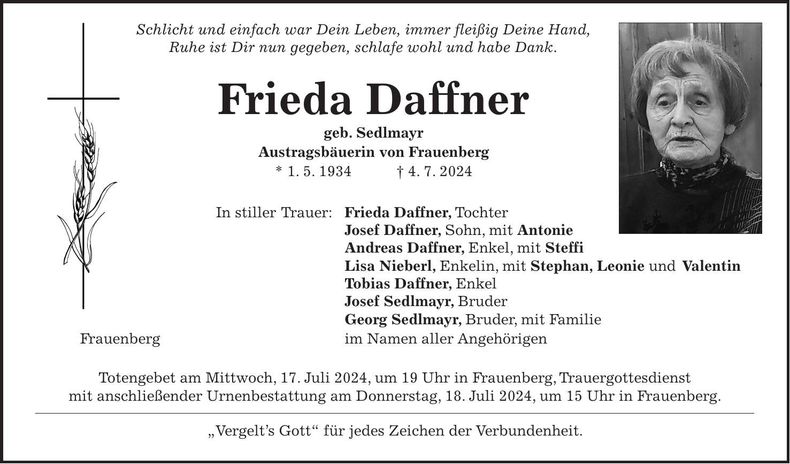 Traueranzeige Frieda Daffner