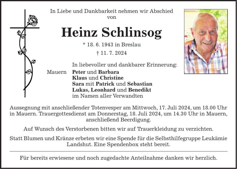 Traueranzeige Heinz Schlinsog