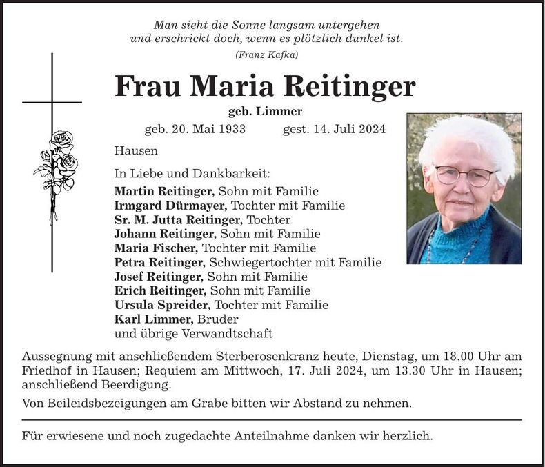 Traueranzeige Maria Reitinger