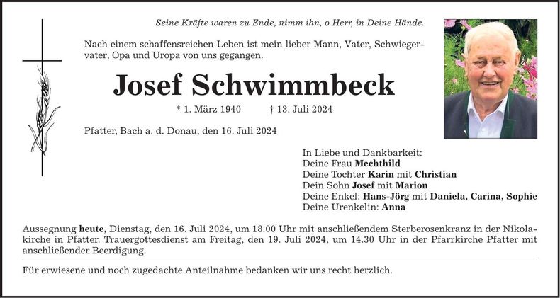Traueranzeige Josef Schwimmbeck