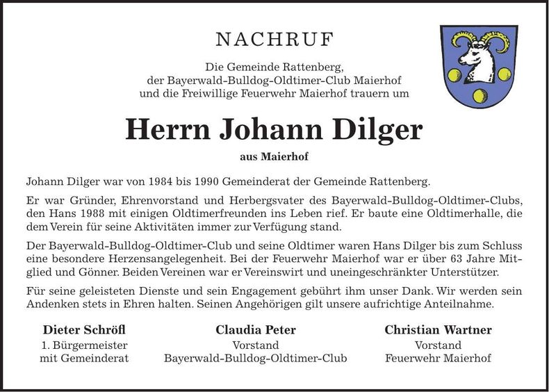 Traueranzeige Johann Dilger