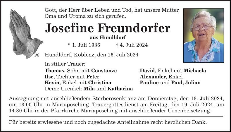 Traueranzeige Josefine Freundorfer