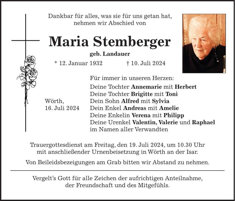 Traueranzeige Maria Stemberger
