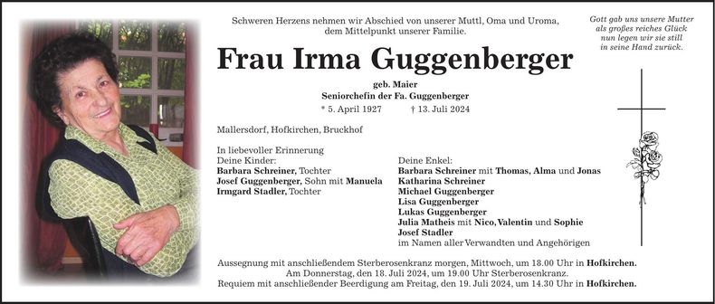 Traueranzeige Irma Guggenberger