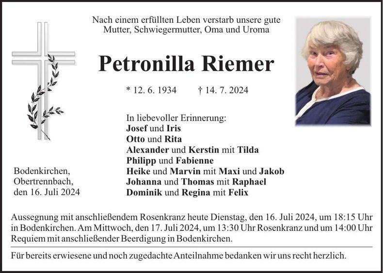 Traueranzeige Petronilla Riemer