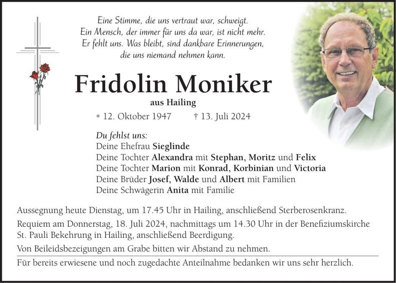 Traueranzeige Fridolin Moniker