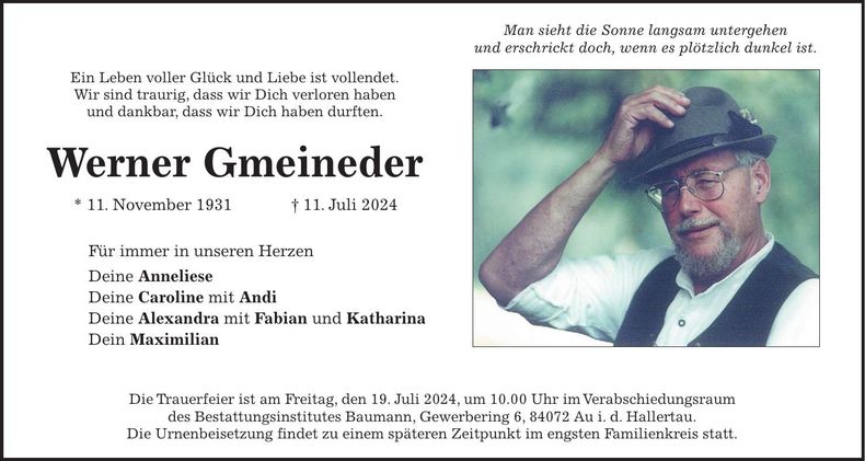 Traueranzeige Werner Gmeineder