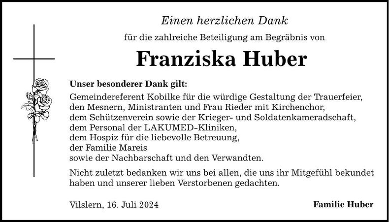 Traueranzeige Franziska Huber