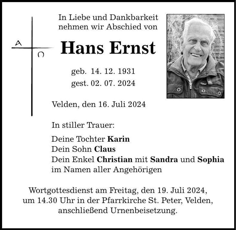 Traueranzeige Hans Ernst