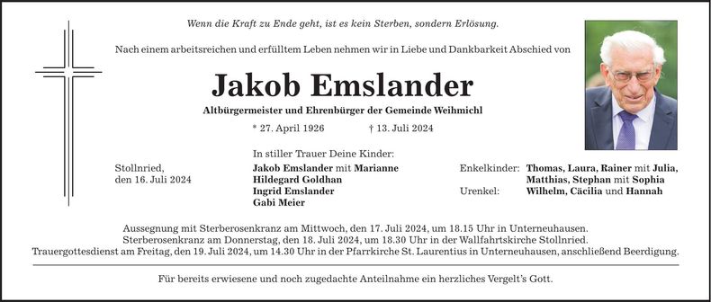 Traueranzeige Jakob Emslander