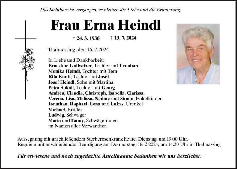Traueranzeige Erna Heindl