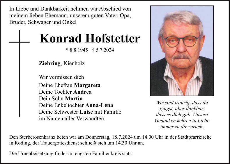 Traueranzeige Konrad Hofstetter