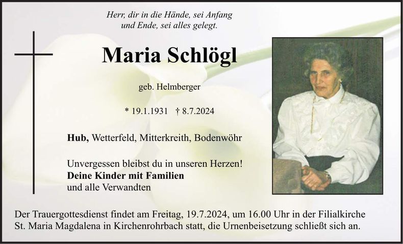 Traueranzeige Maria Schlögl