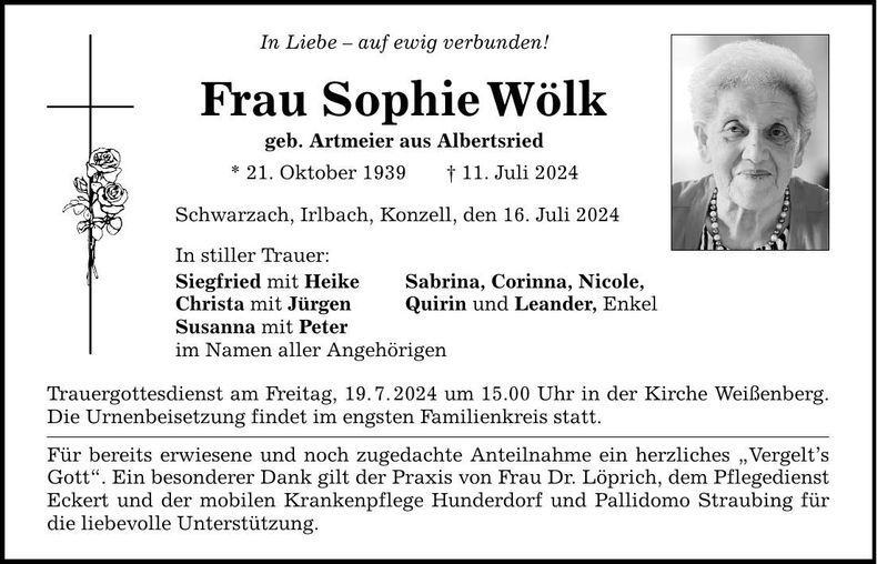 Traueranzeige Sophie Wölk