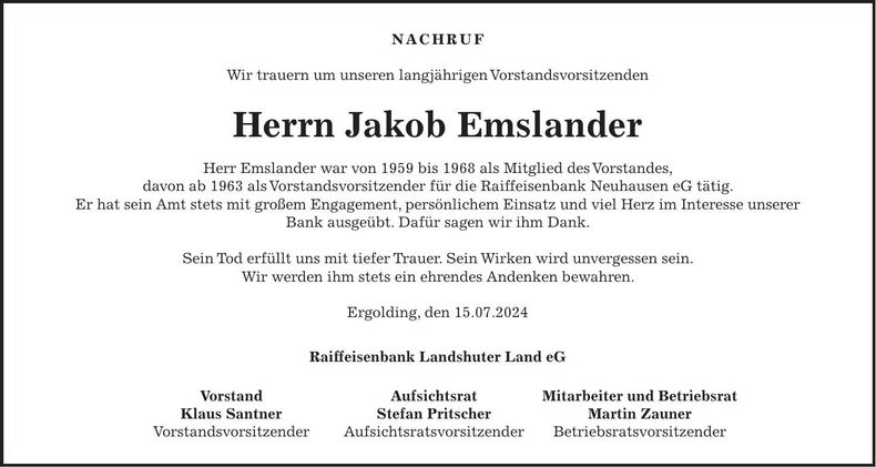 Traueranzeige Jakob Emslander