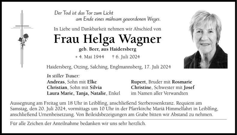 Traueranzeige Helga Wagner