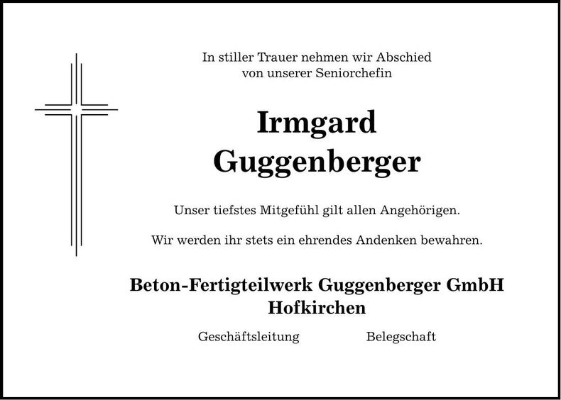Traueranzeige Irmgard Guggenberger