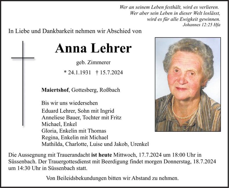 Traueranzeige Anna Lehrer