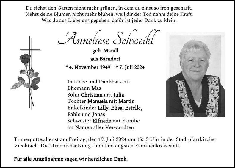 Traueranzeige Anneliese Schweikl