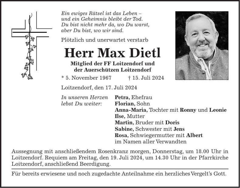 Traueranzeige Max Dietl