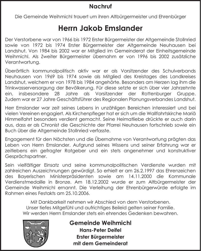 Traueranzeige Jakob Emslander
