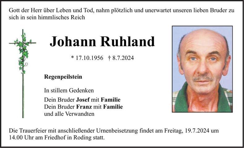 Traueranzeige Johann Ruhland