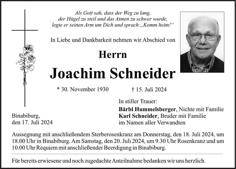 Traueranzeige Joachim Schneider