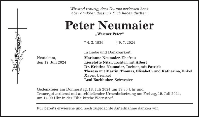 Traueranzeige Peter Neumaier