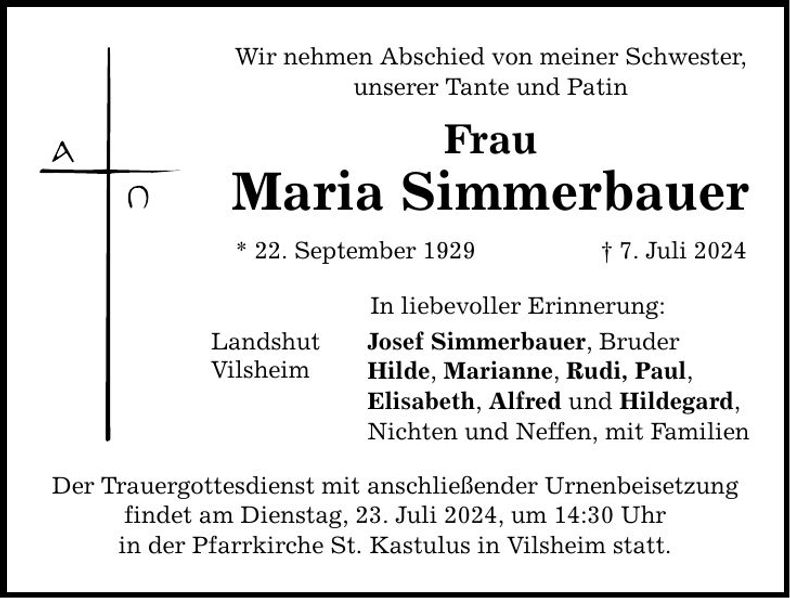 Traueranzeige Maria Simmerbauer