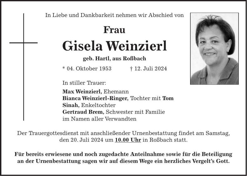 Traueranzeige Gisela Weinzierl
