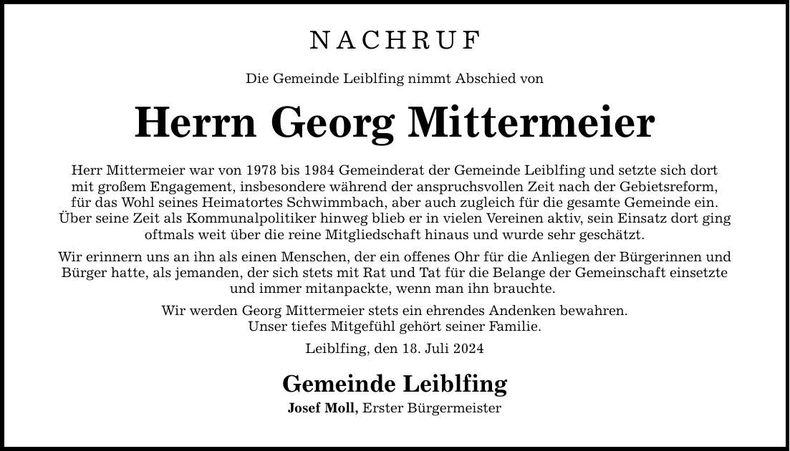 Traueranzeige Georg Mittermeier