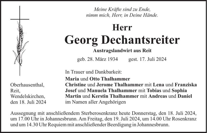Traueranzeige Georg Dechantsreiter