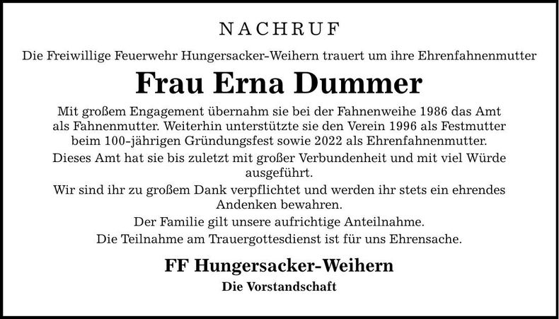 Traueranzeige Erna Dummer