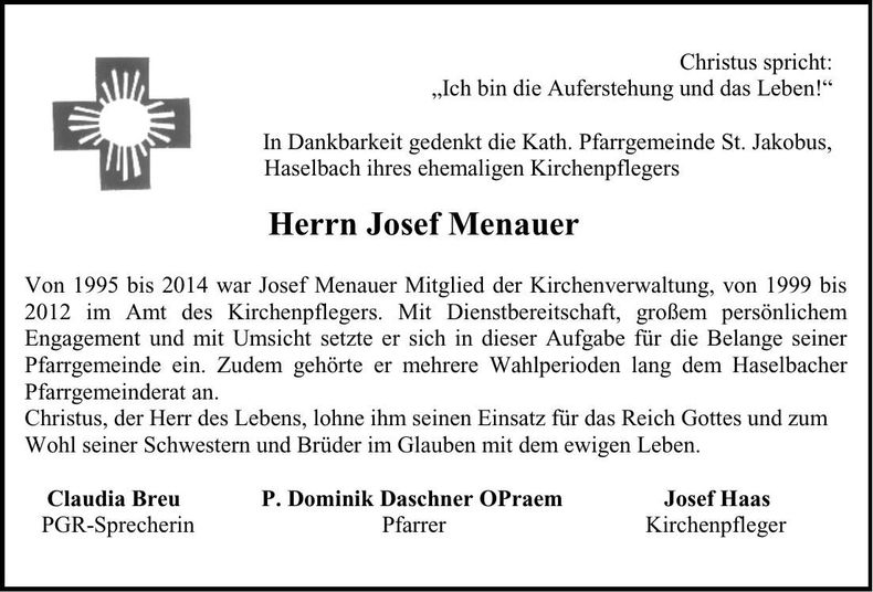 Traueranzeige Josef Menauer