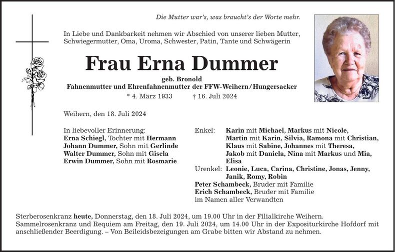 Traueranzeige Erna Dummer