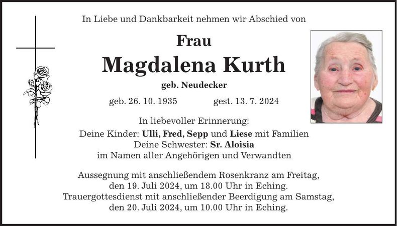 Traueranzeige Magdalena Kurth