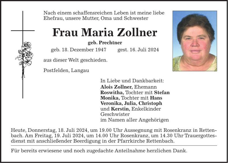 Traueranzeige Maria Zollner