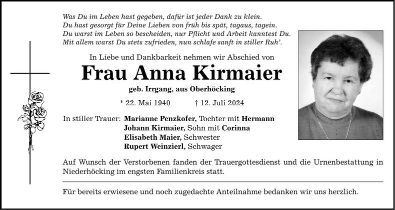 Traueranzeige Anna Kirmaier