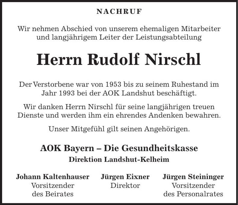 Traueranzeige Rudolf Nirschl