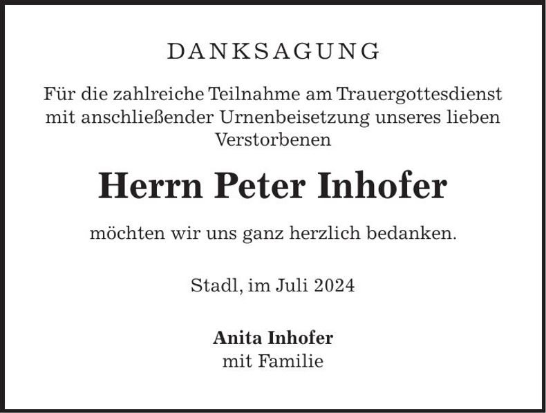 Traueranzeige Peter Inhofer