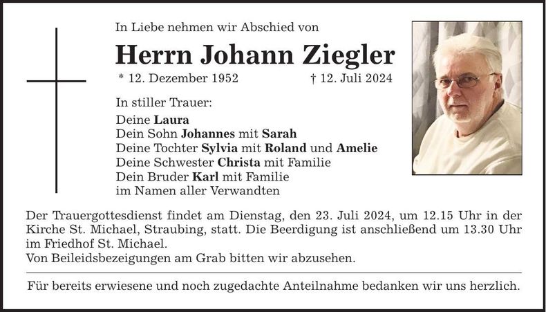 Traueranzeige Johann Ziegler