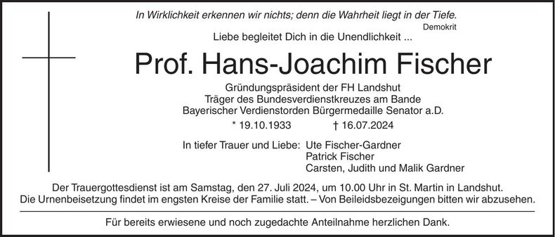 Traueranzeige Hans-Joachim Fischer