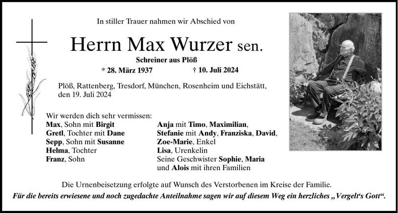 Traueranzeige Max Wurzer