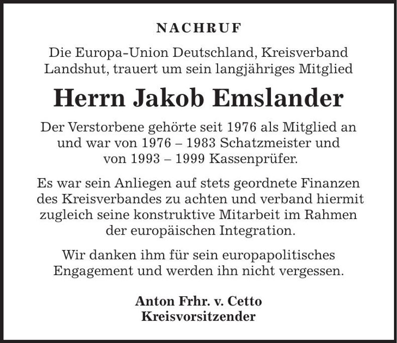 Traueranzeige Jakob Emslander