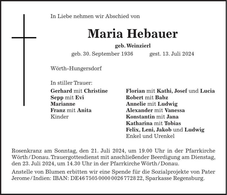 Traueranzeige Maria Hebauer
