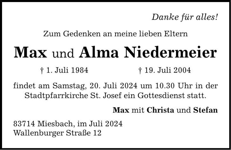 Traueranzeige Max und Alma Niedermeier